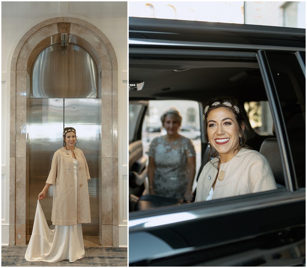 A bride poses in an art deco hotel lobby.