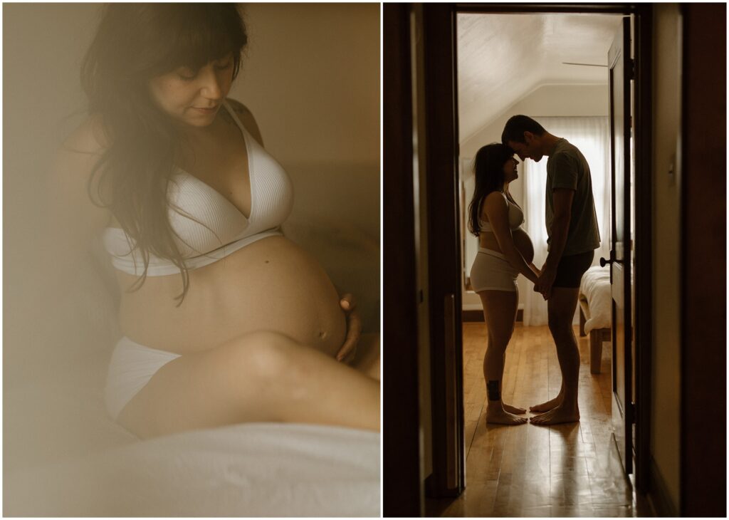 A man and woman stand in a hallway pressing their foreheads together in a lifestyle maternity photo session.