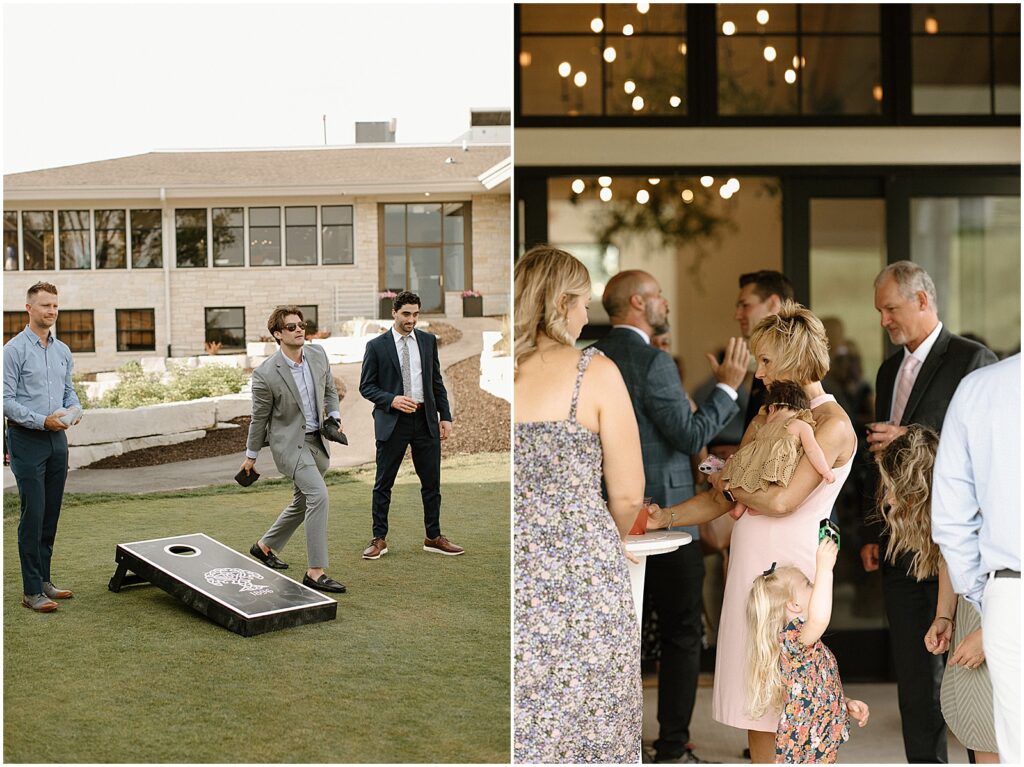 Guests play lawn games outside the Club at Lac La Belle during a wedding cocktail hour.