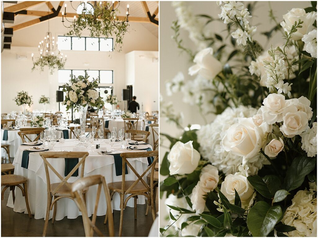 White flower arrangements decorate the Club at Lac La Belle for a wedding.