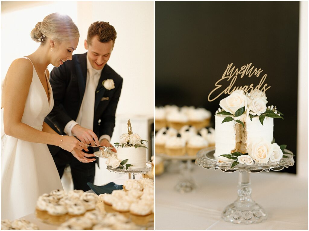 A Milwaukee bride and groom cut their wedding cake.