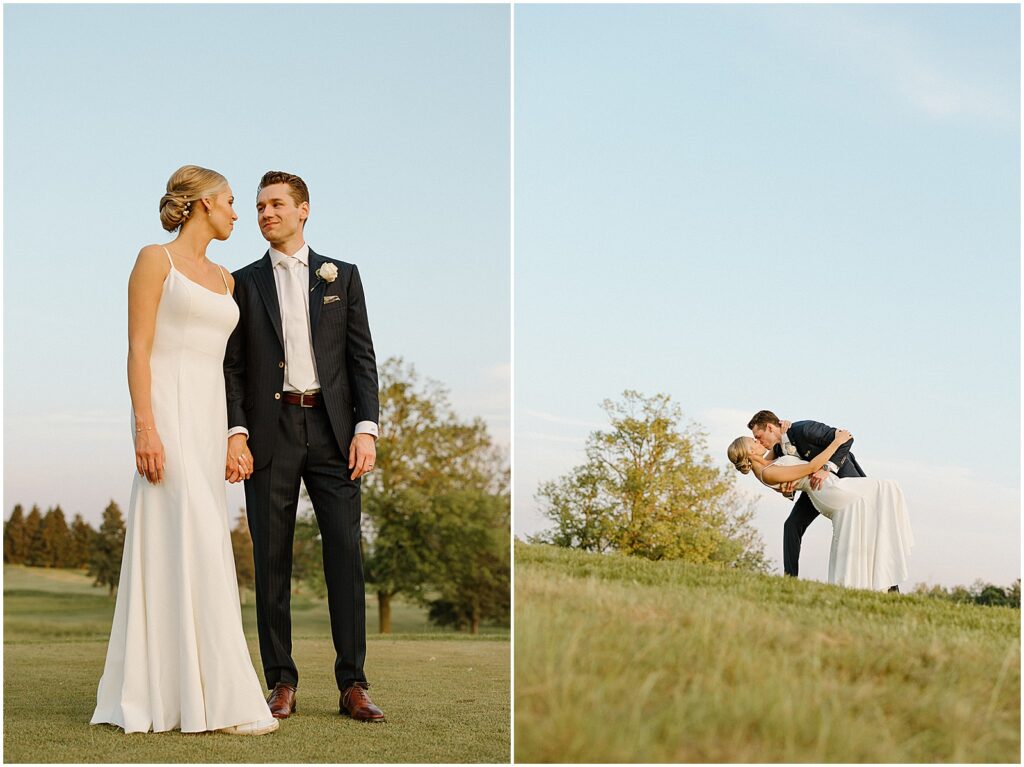 A bride and groom pose for Milwaukee wedding photos in a field.
