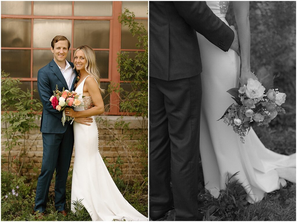 A bride and groom pose in front of a greenhouse with a bouquet of flowers at their Urban Ecology Center wedding.