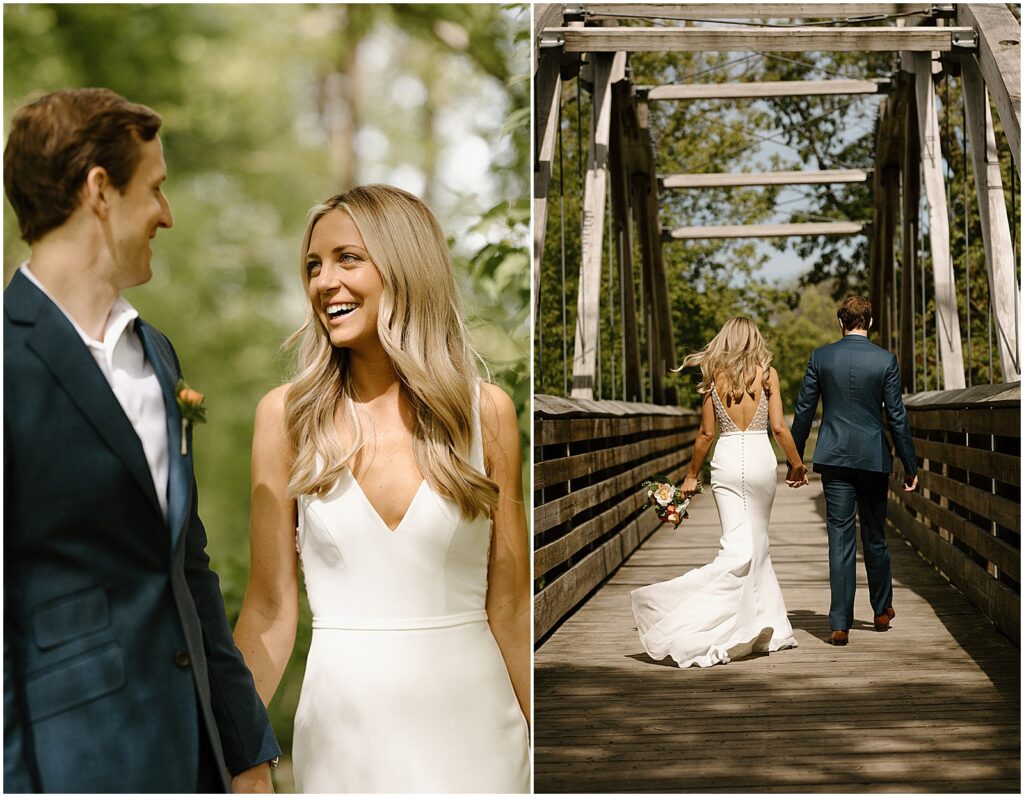 A bride and groom cross a footbridge over the Milwaukee River.