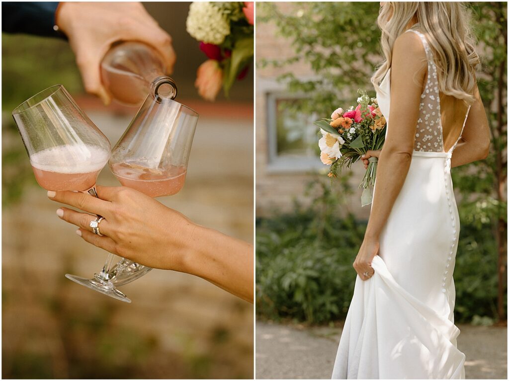 A bride holds out two glasses for a groom to fill with wine for their private toast.
