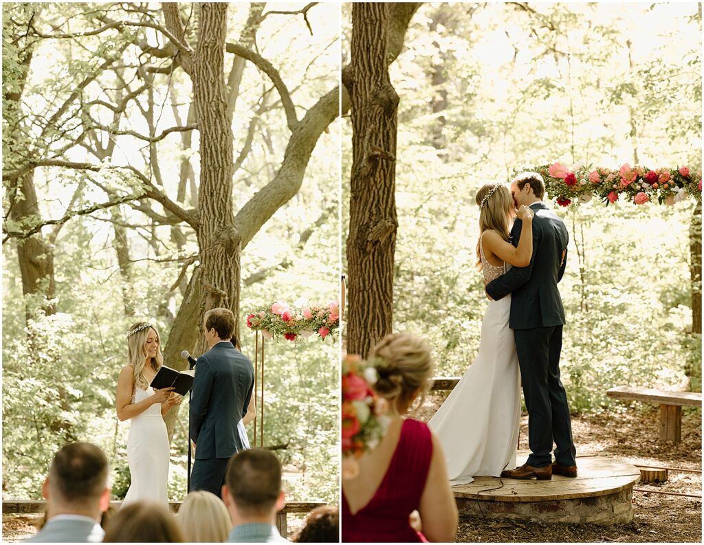 A bride and groom share the first kiss at their Urban Ecology Center wedding.