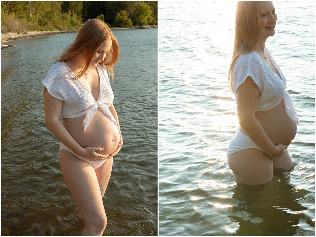 A woman walks into a lake in maternity photos on film.
