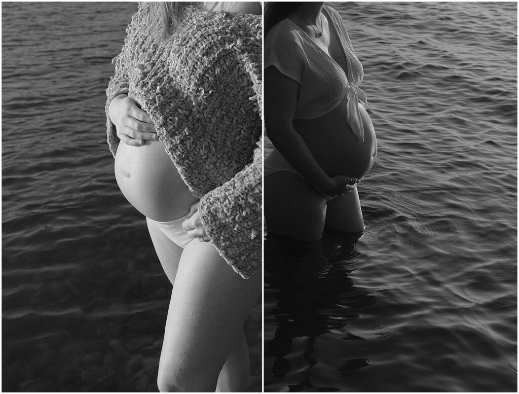 A woman stands facing the sunshine in a lakeside maternity photo.