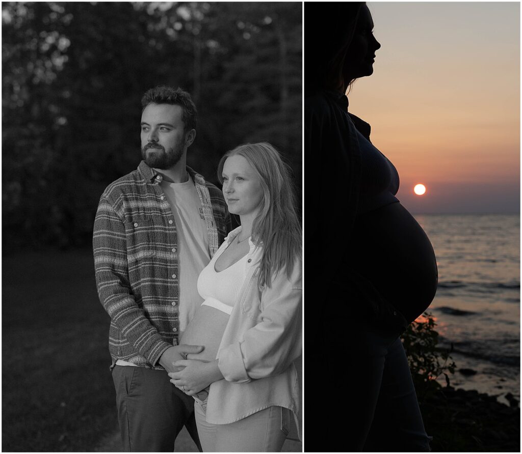 The sun sets behind a woman silhouetted in a Door County maternity photo.