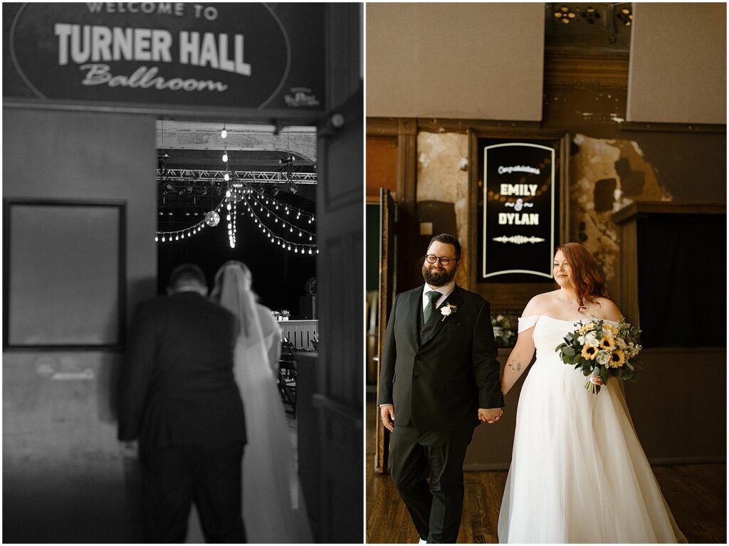 A bride and groom walk through the doors at Turner Hall to see the venue decorated for their wedding.