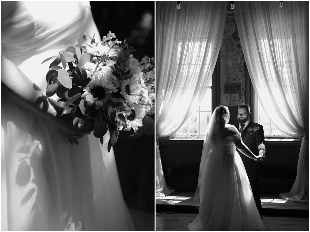 A bride holds her bridal bouquet in a patch of sunlight for creative wedding photos at Turner Hall.