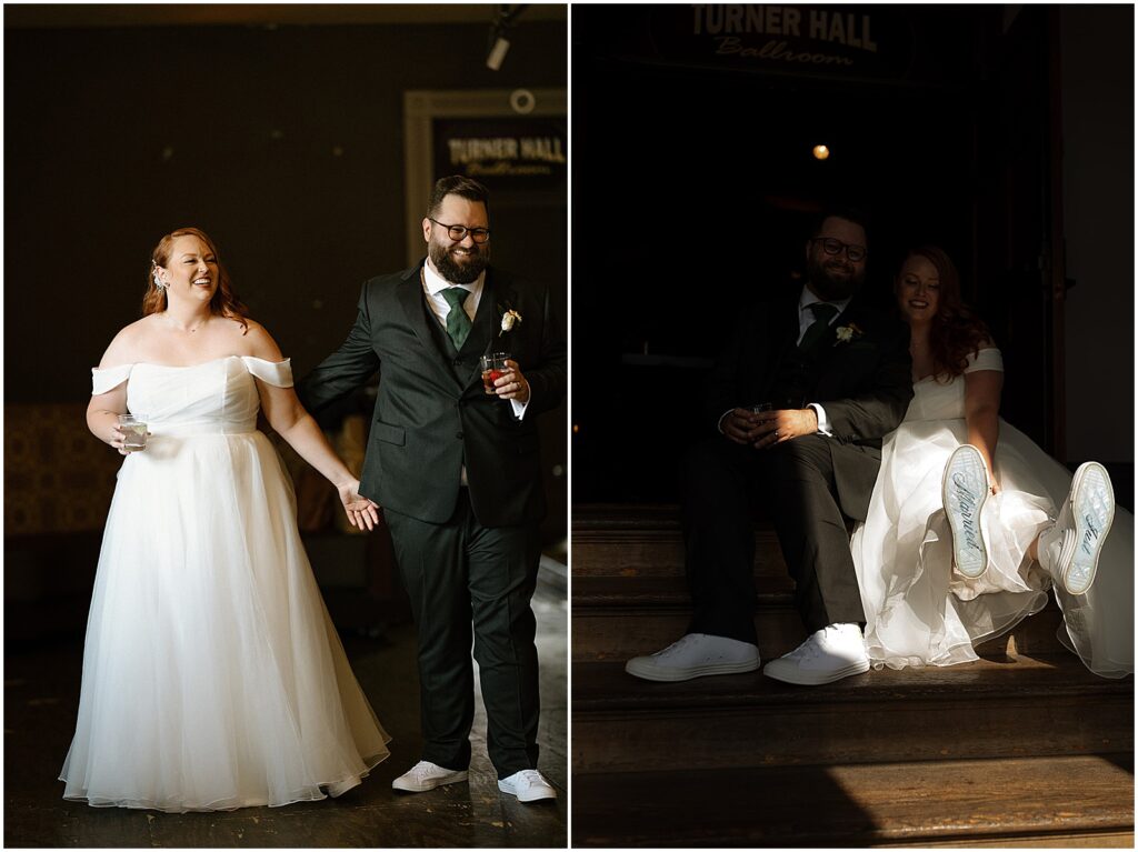 A bride and groom sit on a staircase while the bride shows her custom wedding Converse that read "just married" on the bottom.