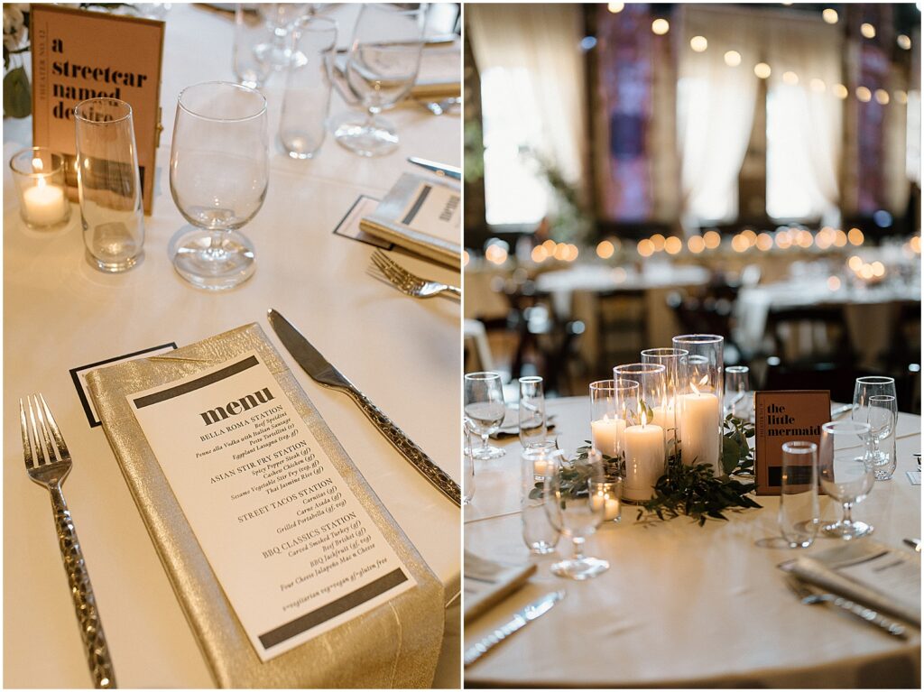Wedding tablescapes include movie-themed place cards and candles.