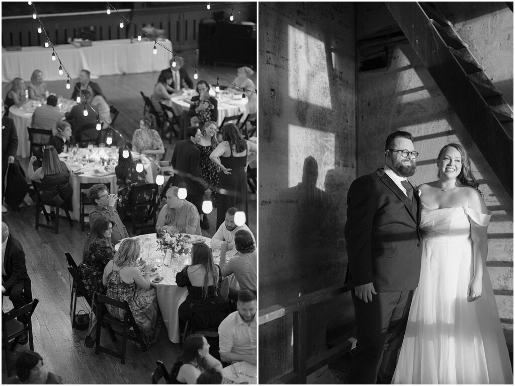 A bride and groom stand in a patch of sunlight to pose for cinematic wedding photos at Turner Hall.