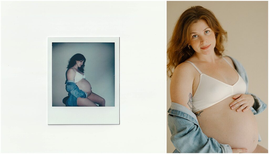 A woman poses on a stool for studio maternity photography on Polaroid film.