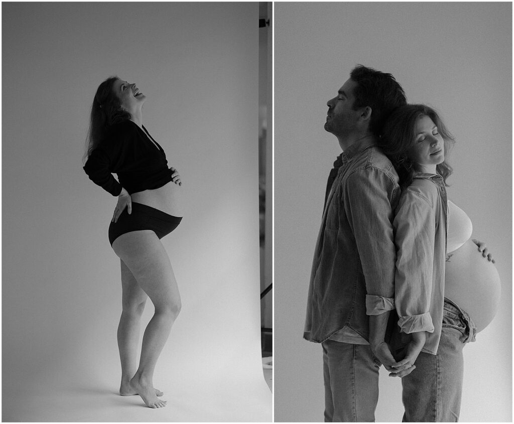 A man and woman stand back to back in Milwaukee maternity photos.