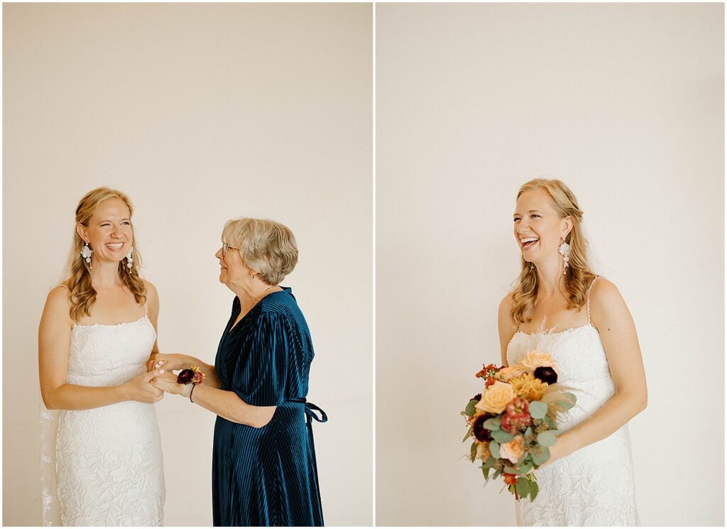 A Milwaukee bride poses with a colorful bouquet and laughs.