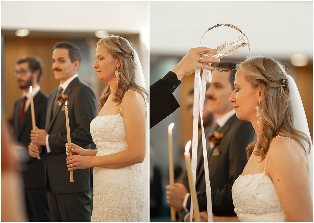A bride and groom hold taper candles during a Milwaukee wedding ceremony.