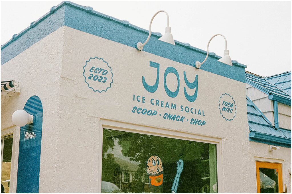 A film photo shows the exterior of Joy Ice Cream Social.