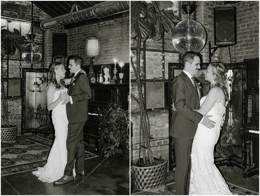 A bride and groom dance beneath a disco ball at Dandy Milwaukee.