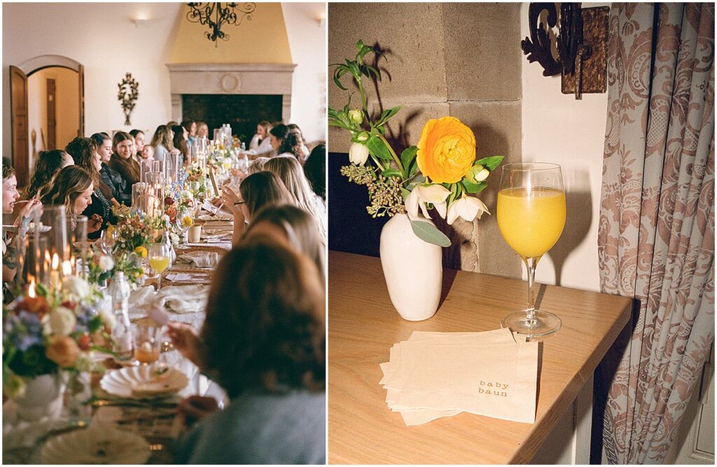 A yellow flower sits beside a mimosa at a baby shower in a film photo.