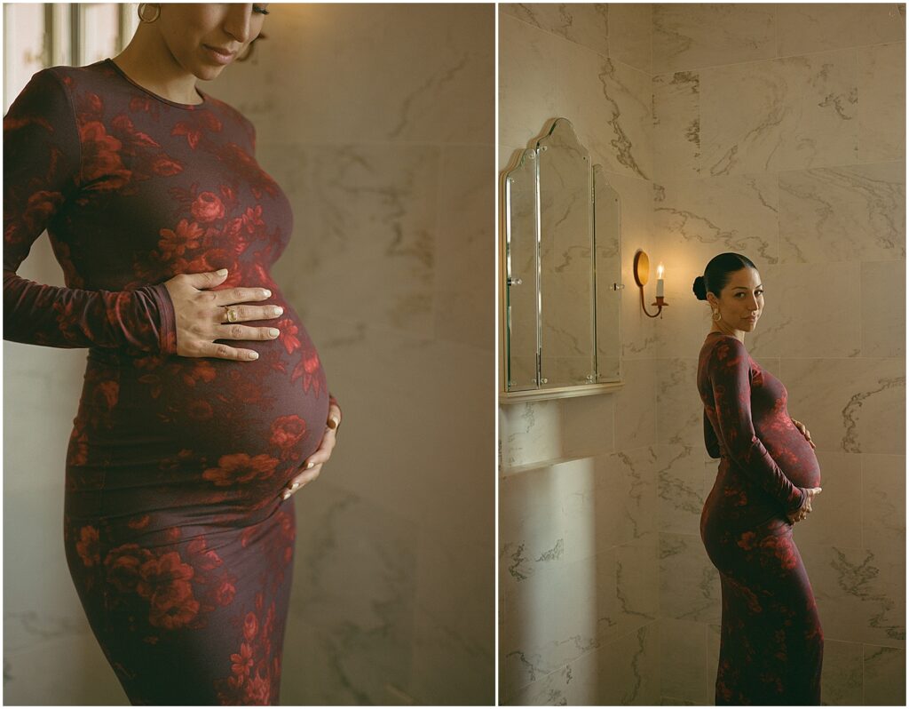 A pregnant woman looks over her shoulder at a Milwaukee film photographer.