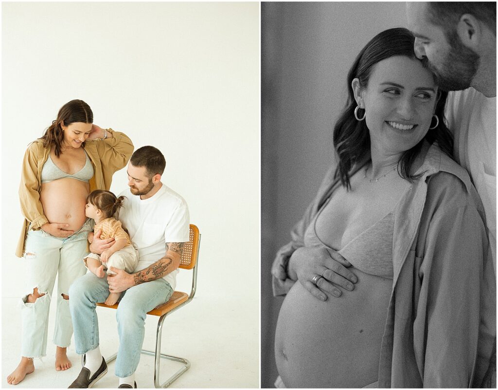 A toddler sits on her father's lap and kisses her pregnant mother's belly in Milwaukee maternity photography.