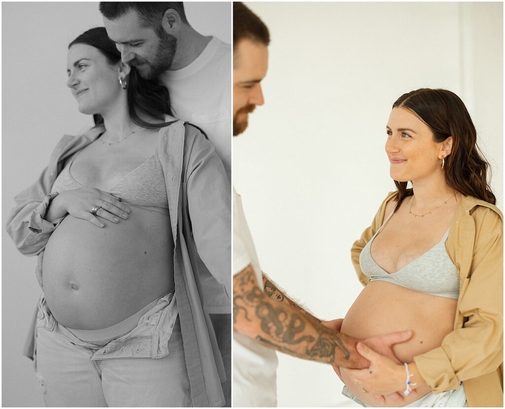 A man puts his hands on his pregnant wife's belly while a Milwaukee maternity photographer takes their photo.