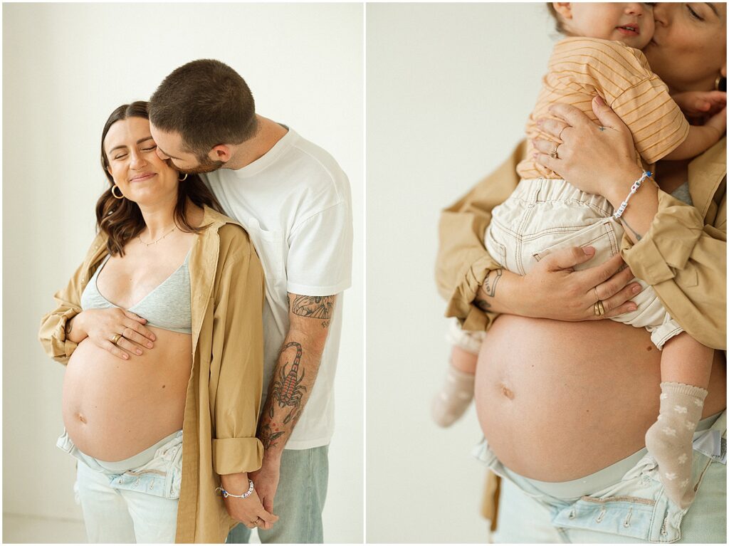 A woman sits her toddler on her pregnant belly for a maternity session in a Milwaukee studio.