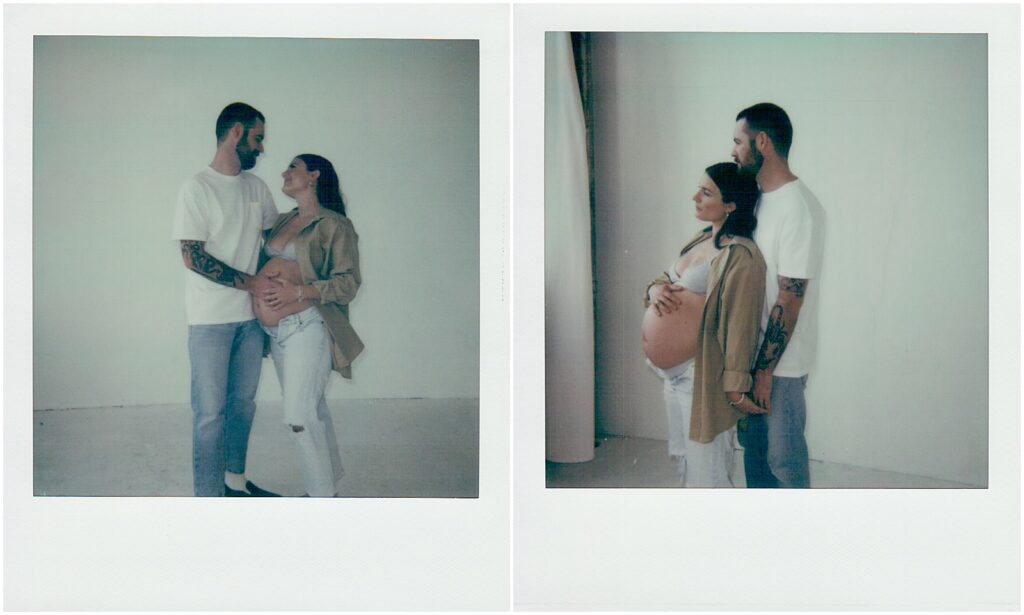 A Milwaukee family photographer takes a Polaroid photo of a man and pregnant woman.