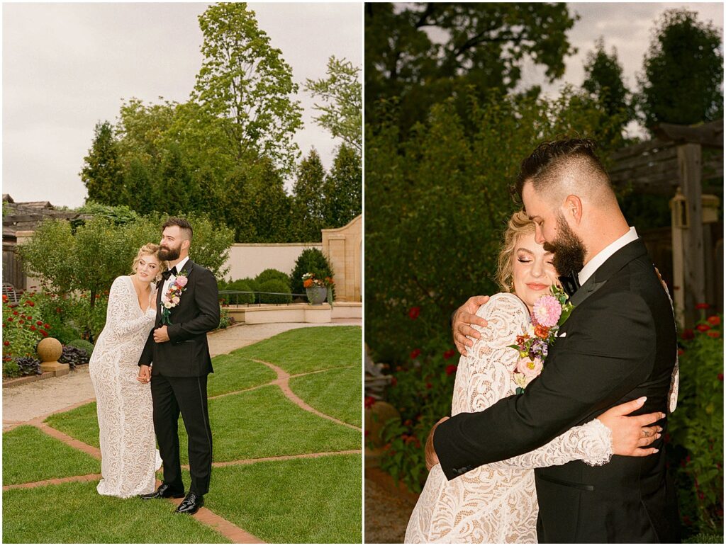 A bride and groom embrace in a film wedding photo.