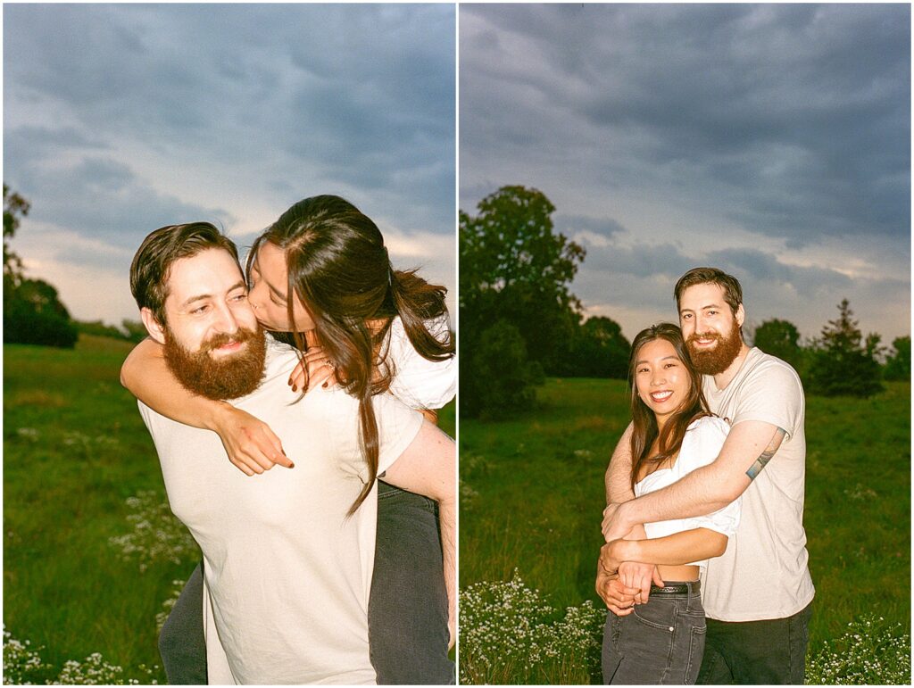 A woman jumps on a man's back and kisses his cheek in a film photography mini session.