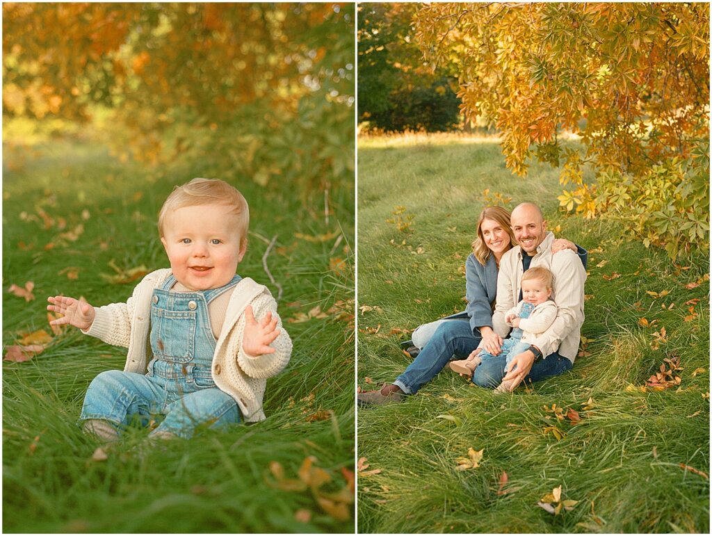 A couple sits under a tree with a child during a photography mini session.