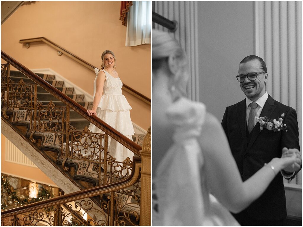 A bride walks down a staircase in the Pfister Hotel in Milwaukee.