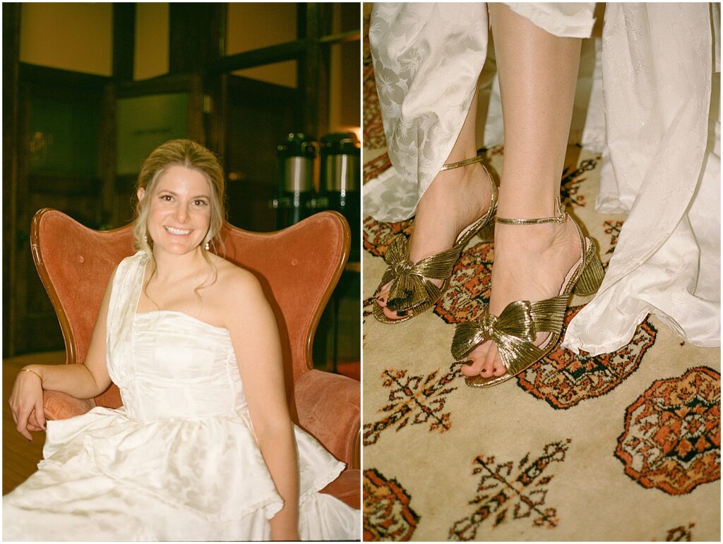 A bride shows off her gold wedding shoes in a Milwaukee restaurant.