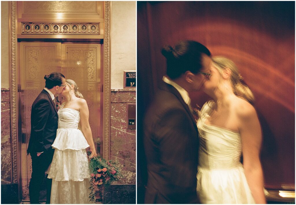 A bride and groom get into an elevator at the Pfister Hotel in Milwaukee.