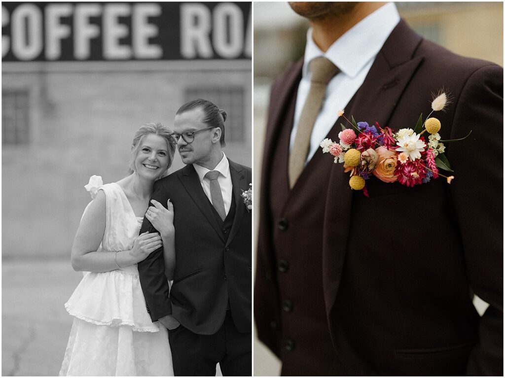 A bride leans against a groom's arm outside Anodyne Coffee.