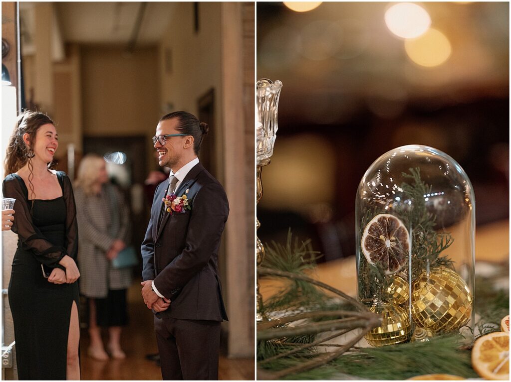 A groom stands in a hallway in Anodyne Coffee before his wedding ceremony.