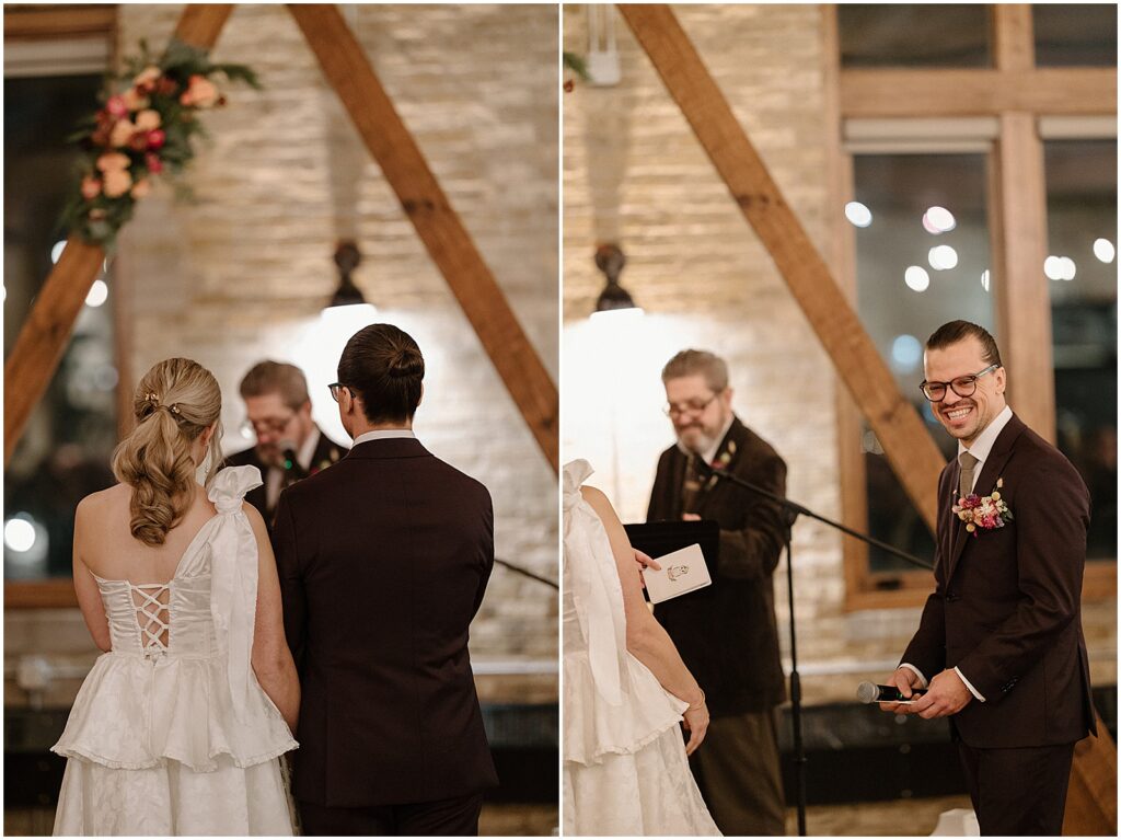 A bride and groom turn to face their officiant during their Milwaukee wedding ceremony.