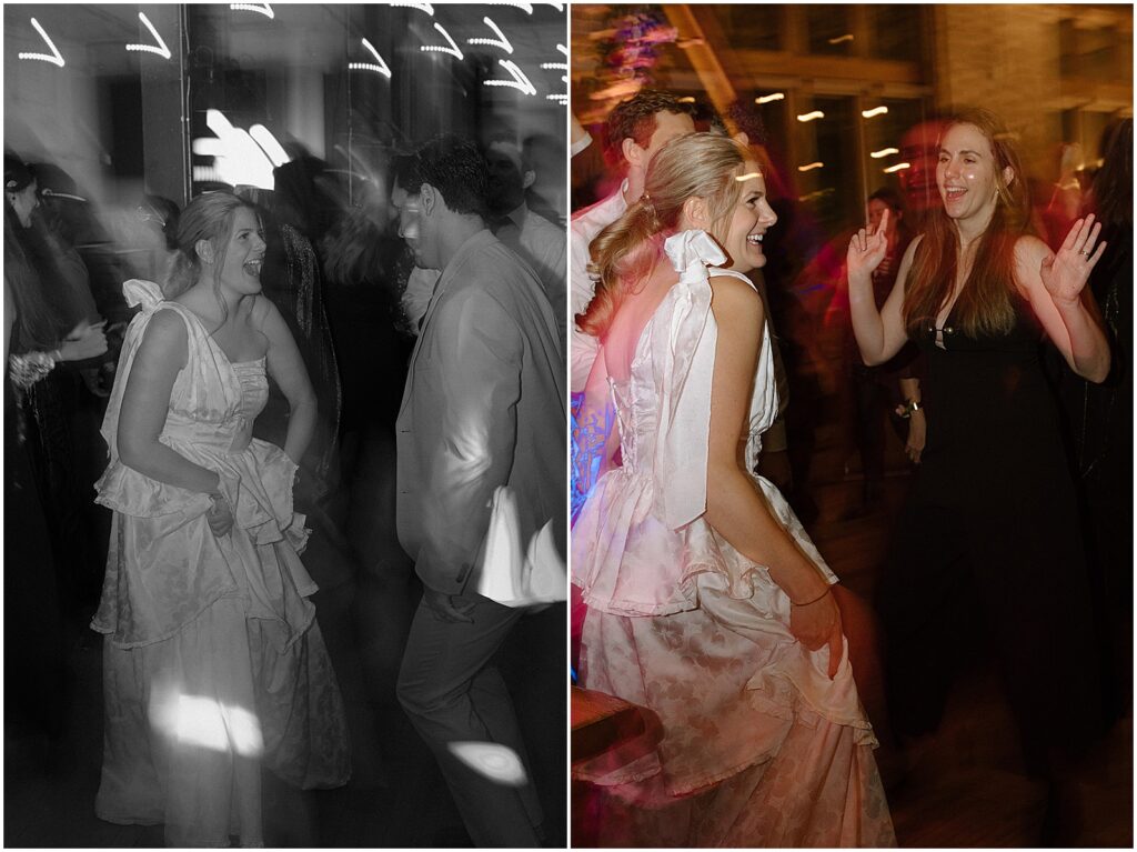 A bride dances with friends at her wedding reception.