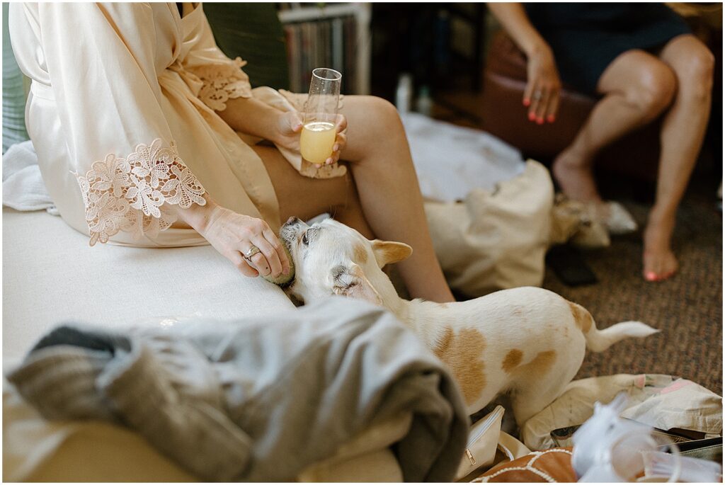 A bridesmaid plays with a dog in a living room.