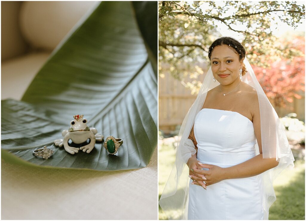 A diamond and ruby wedding ring sits on a small frog statue.