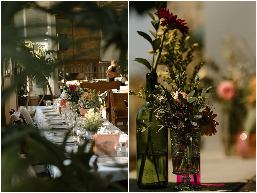 Unique wedding flowers decorate a brewery for a wedding reception.