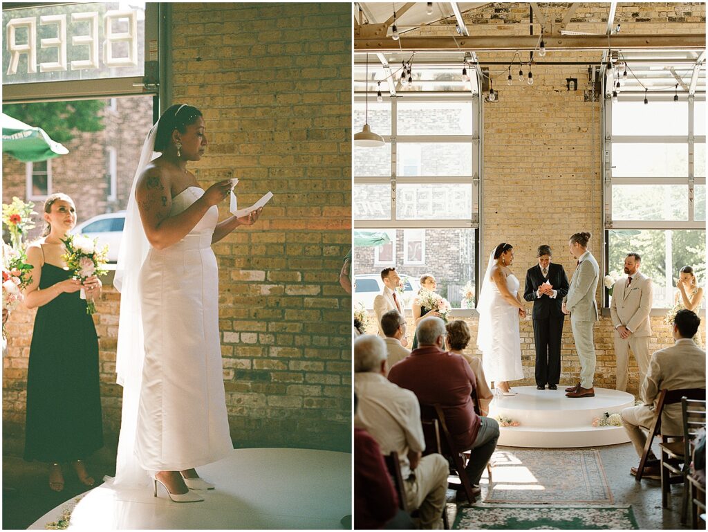 A bride reads her vows from a piece of paper.