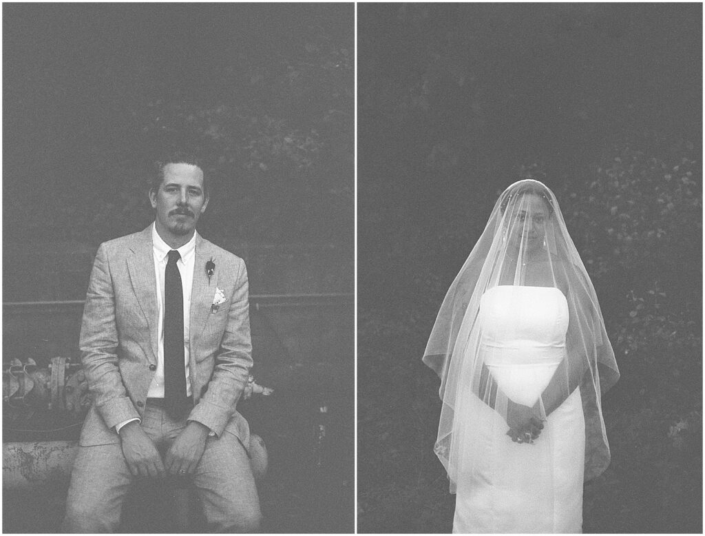 A bride and groom pose for wedding portraits on film in Bay View Milwaukee.