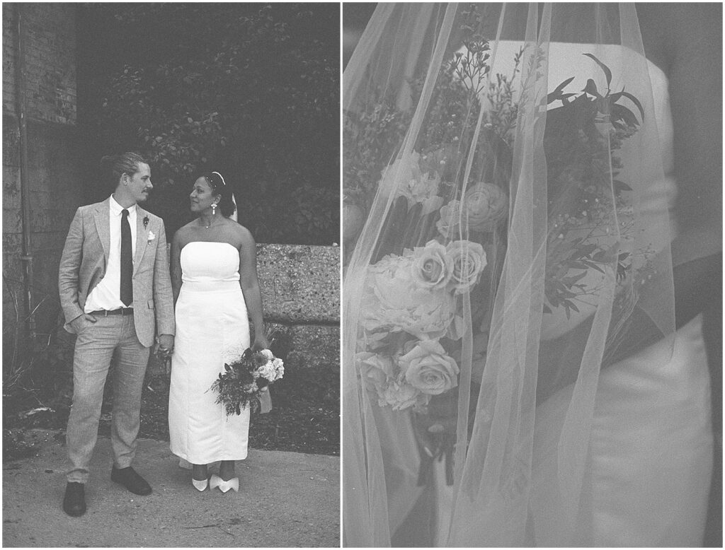 A bride holds a bouquet beneath a veil.