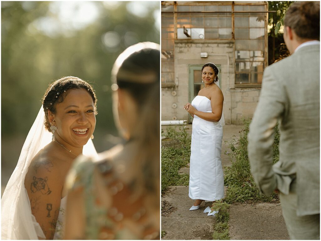 A bride smiles over her shoulder on a Milwaukee sidewalk.