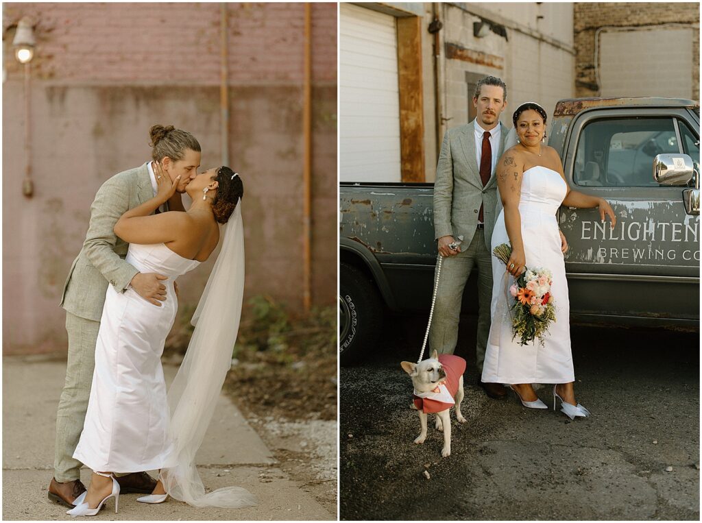 A bride and groom pose in front of a vintage truck painted with the Enlightened Brewing logo.