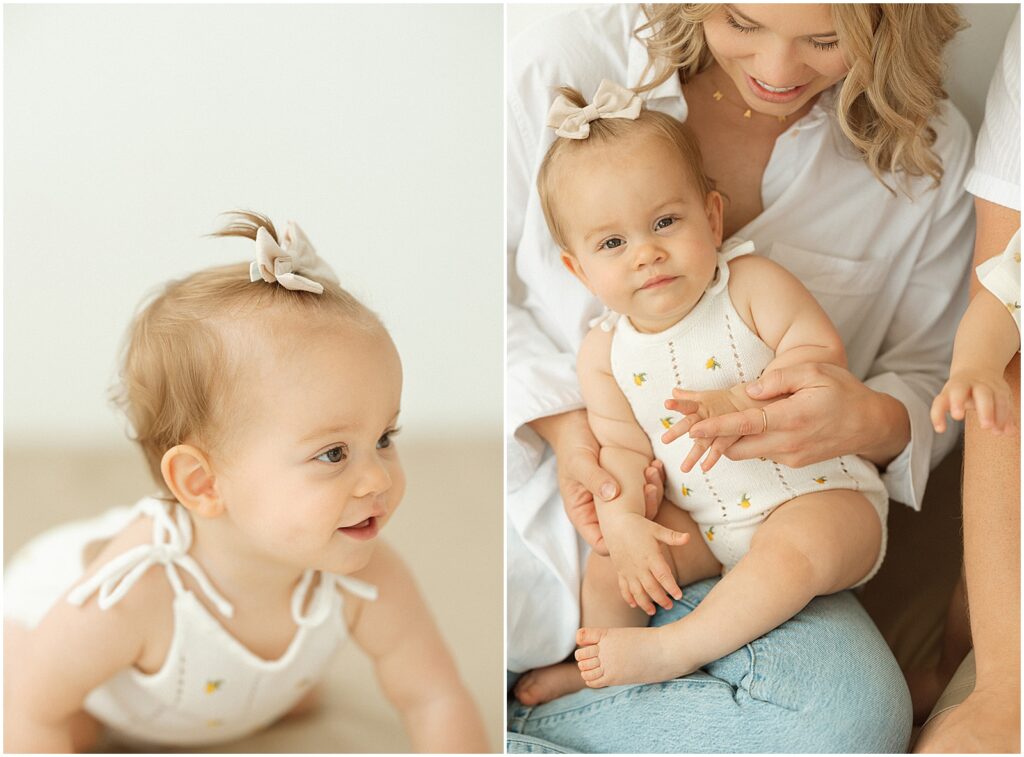 A mother holds a baby girl in a Milwaukee family photography session.