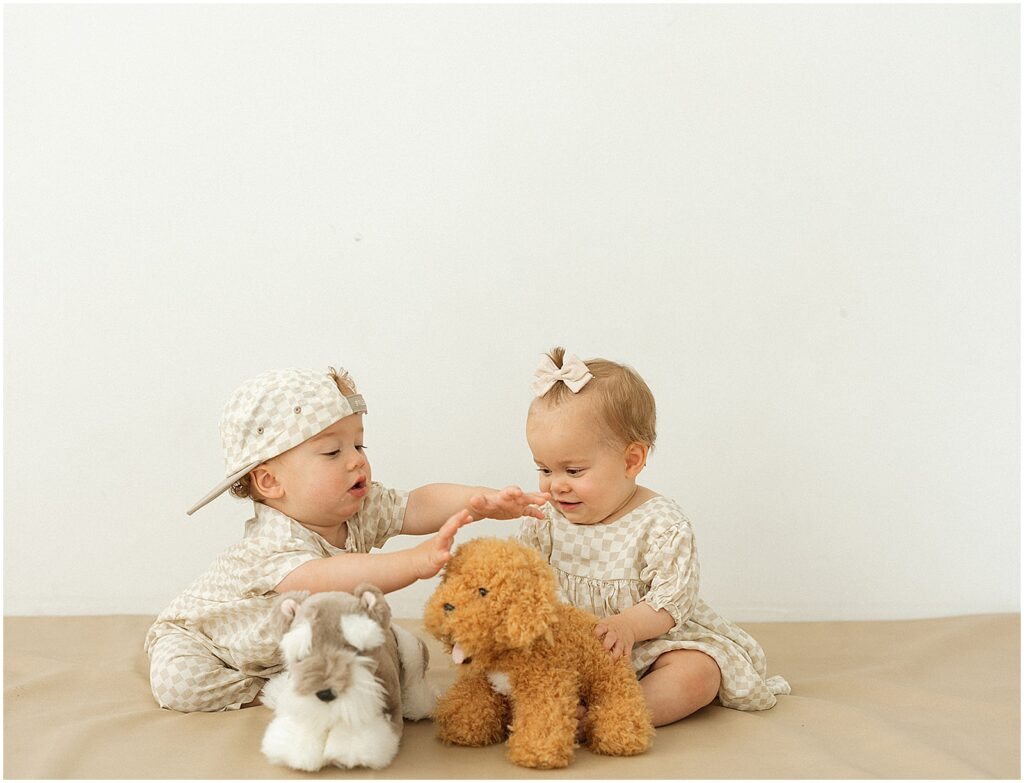 Twin babies sit with stuffed animals during a first birthday photoshoot.